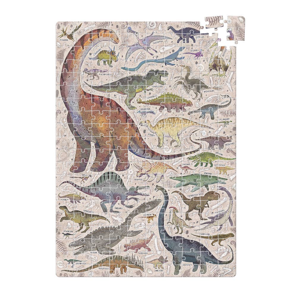 Jigsaw puzzle with colorful dinosaur illustrations on a beige background