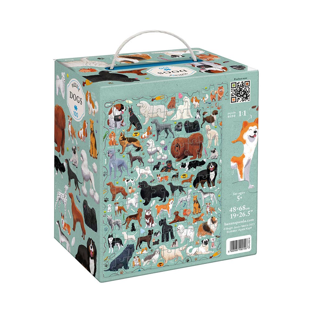 Box of a puzzle with various dog illustrations on a light blue background