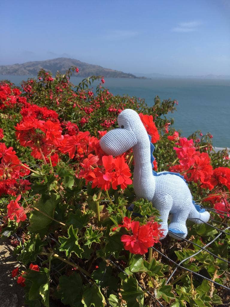 Dinosaur Baby Rattle, Knitted Organic Cotton Blue Diplodocus
