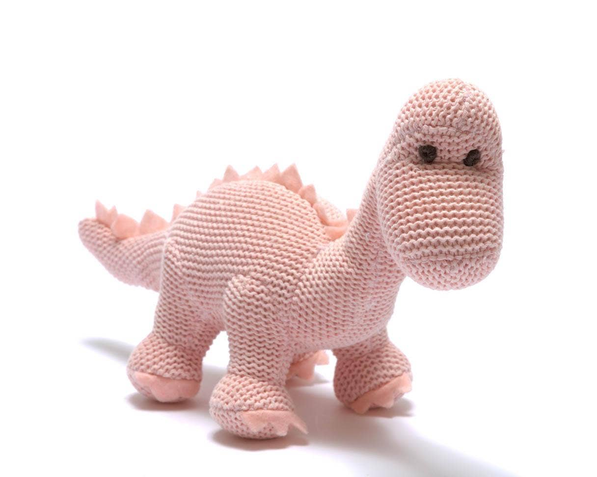Dinosaur Baby Rattle, Knitted Organic Cotton Pink Diplodocus