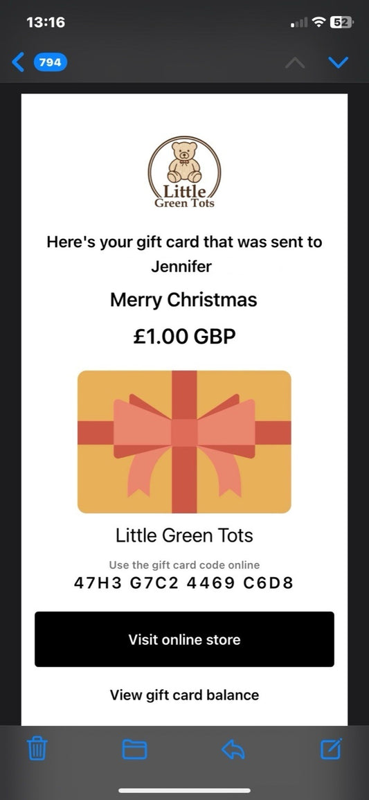 Gift card displayed on a mobile phone