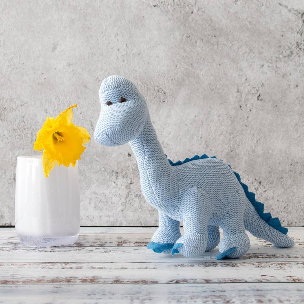 Dinosaur Baby Rattle, Knitted Organic Cotton Blue Diplodocus