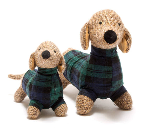 Knitted Sausage Dog Baby Rattle with Tartan Jumper