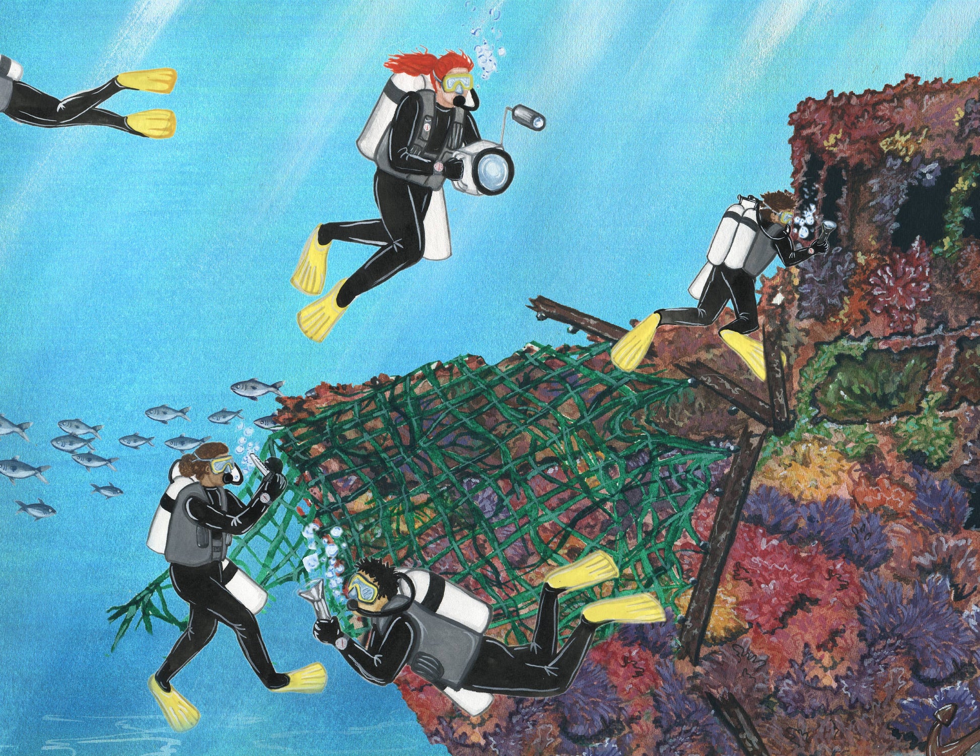 Illustration of divers working on a coral reef with nets