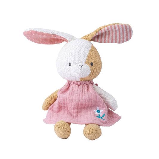 Plush toy rabbit with a pink dress on a white background