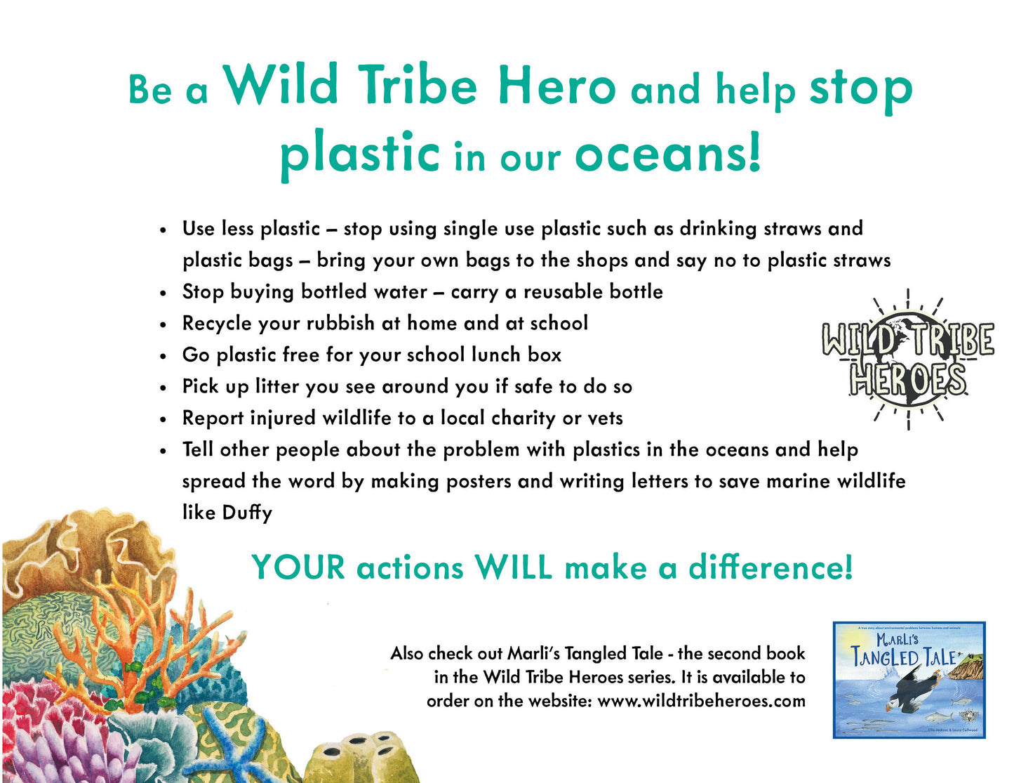 Advertisement for Wild Tribe Heroes campaign to stop plastic in oceans with coral and marine life illustration.
