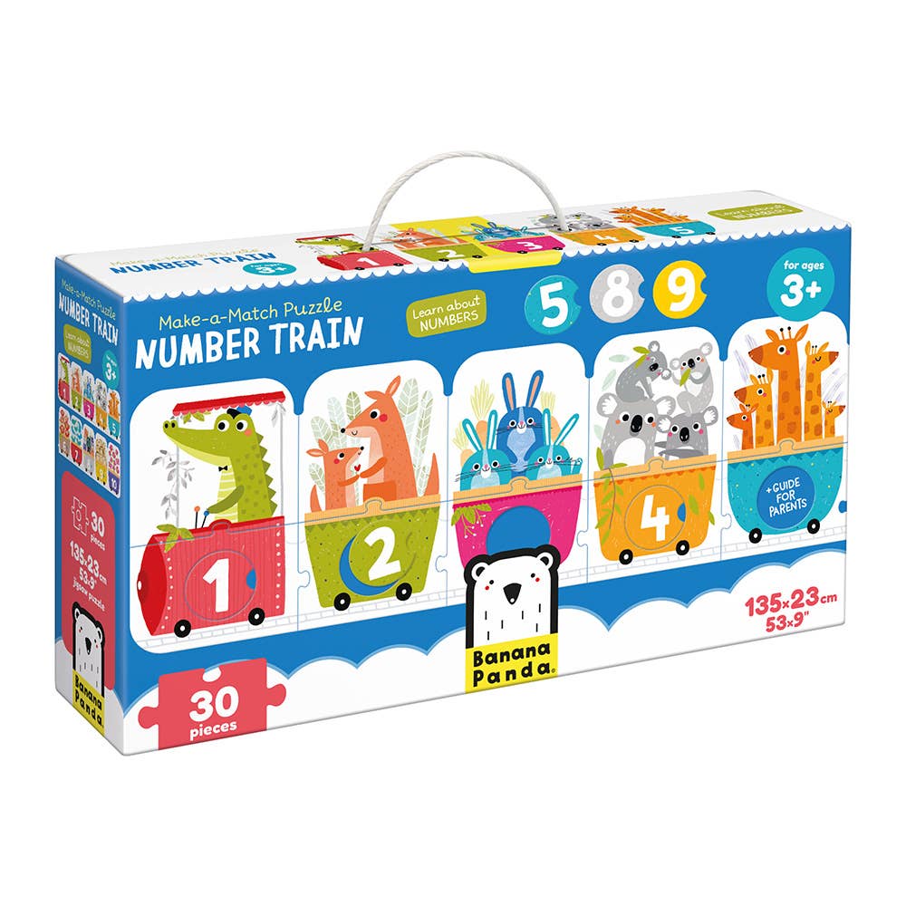 Box of Number Train puzzle with colorful train cars and animal illustrations on a white background