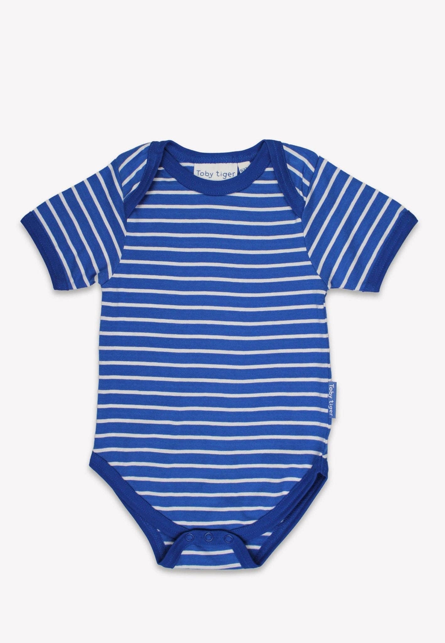 Blue and white striped baby bodysuit on a white background