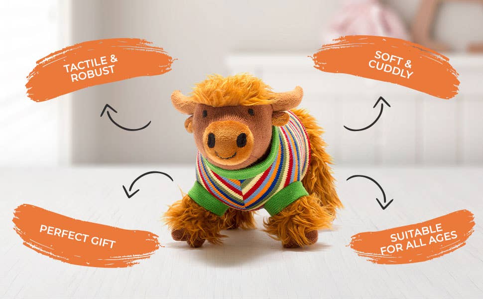 Knitted Highland Cow Plush Toy in Stripe Jumper