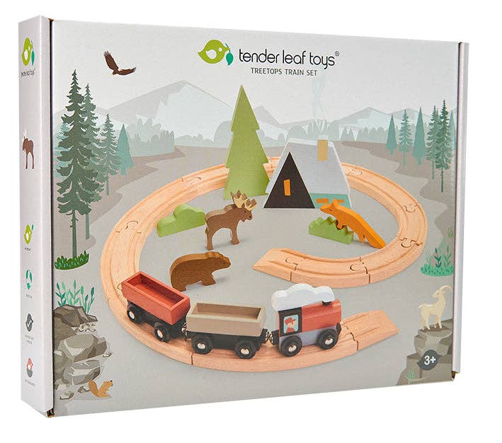 Tender Leaf Toys treetops train set packaging with train and tracks on a forest background.