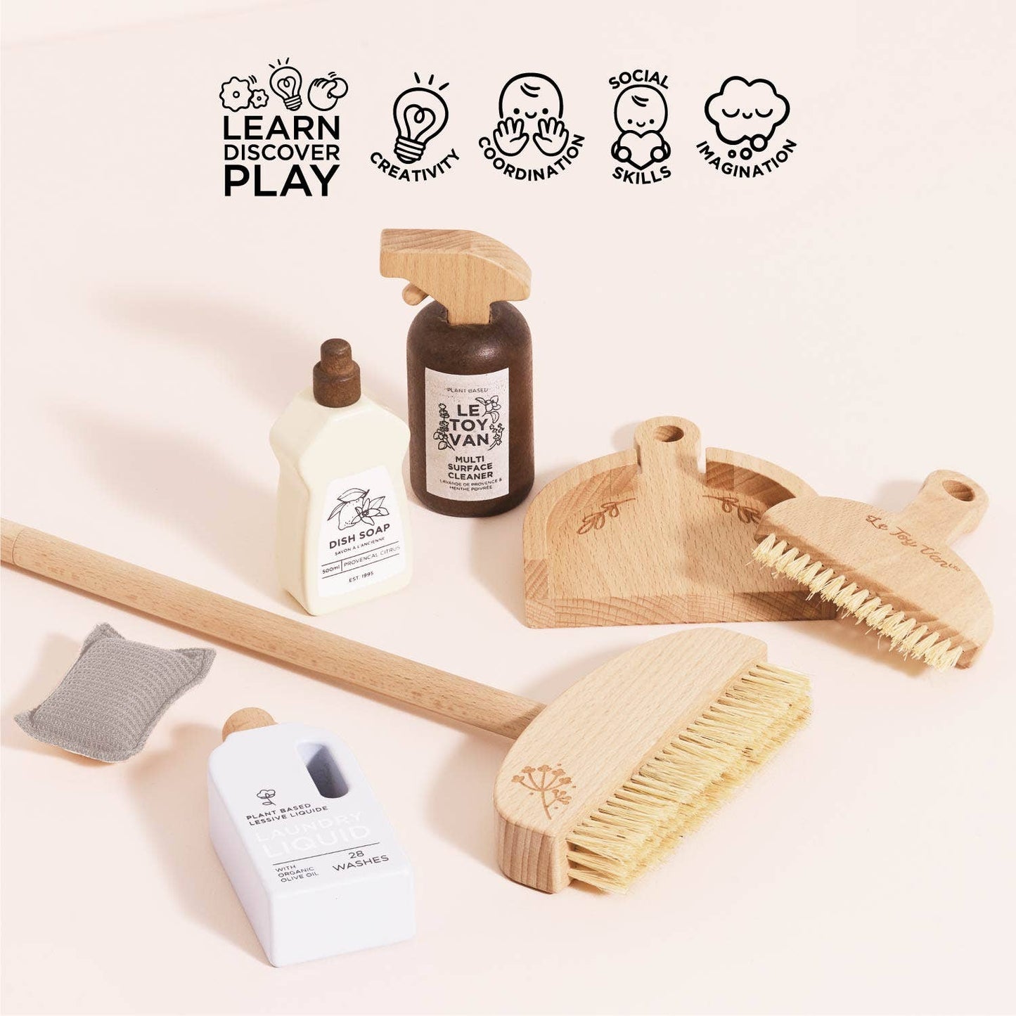 Set of wooden cleaning tools and bottles on a light background with icons and text.