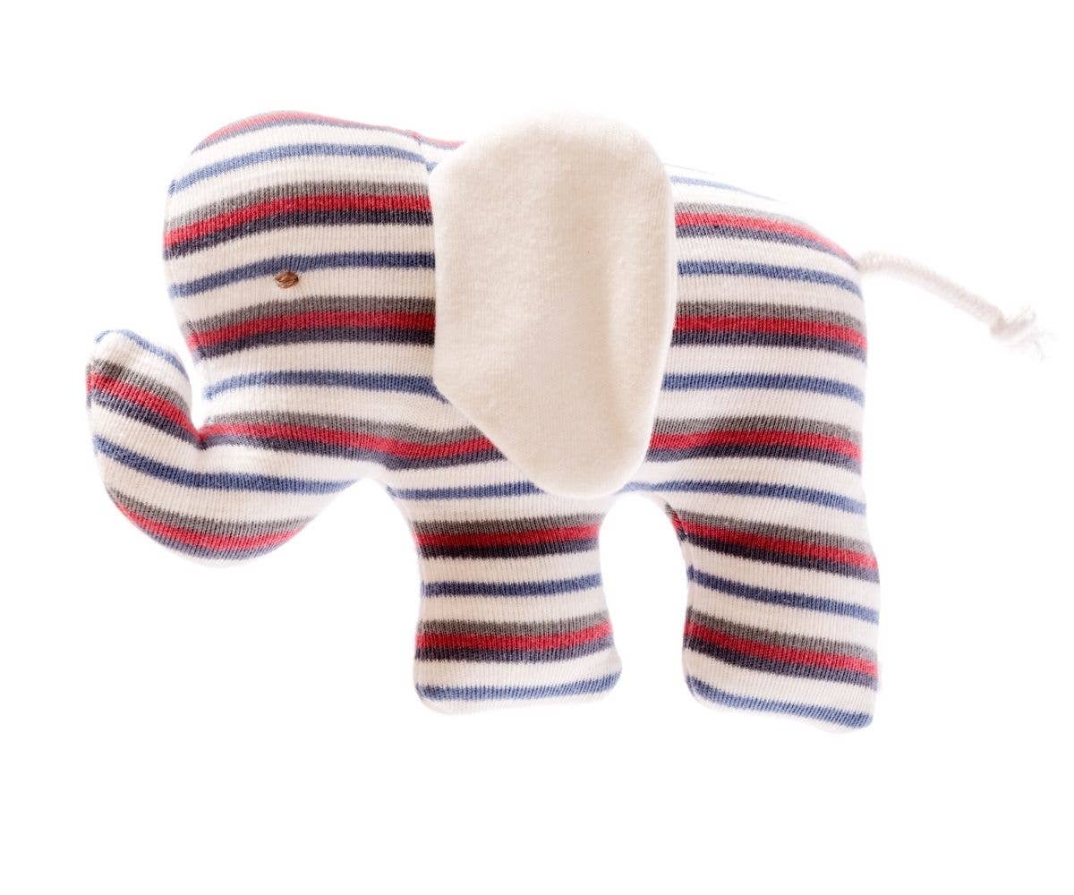Striped elephant toy on a white background