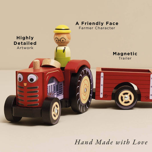 Toy tractor with a farmer character on a beige background
