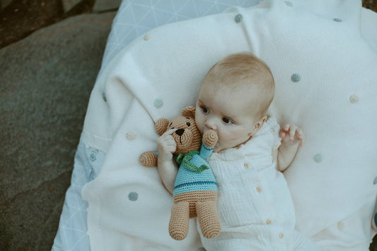 Crochet Baby Toy Teddy bear rattle duck egg blue