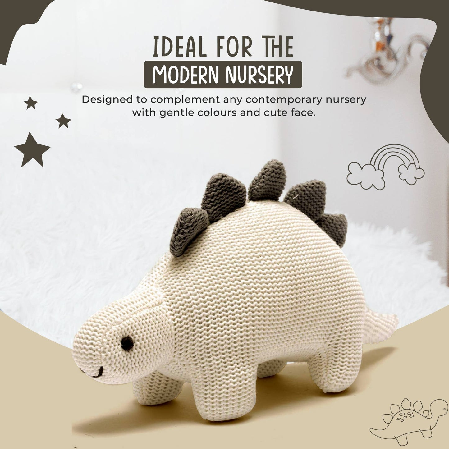 Organic White Cotton Knit Stegosaurus Dinosaur Rattle