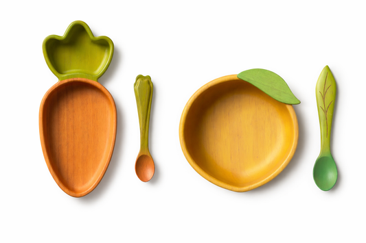 Oli & Carol Wooden Baby Feeding Set – Lemon Bowl & Carrot Plate Bundle | Plastic-Free Weaning Tableware