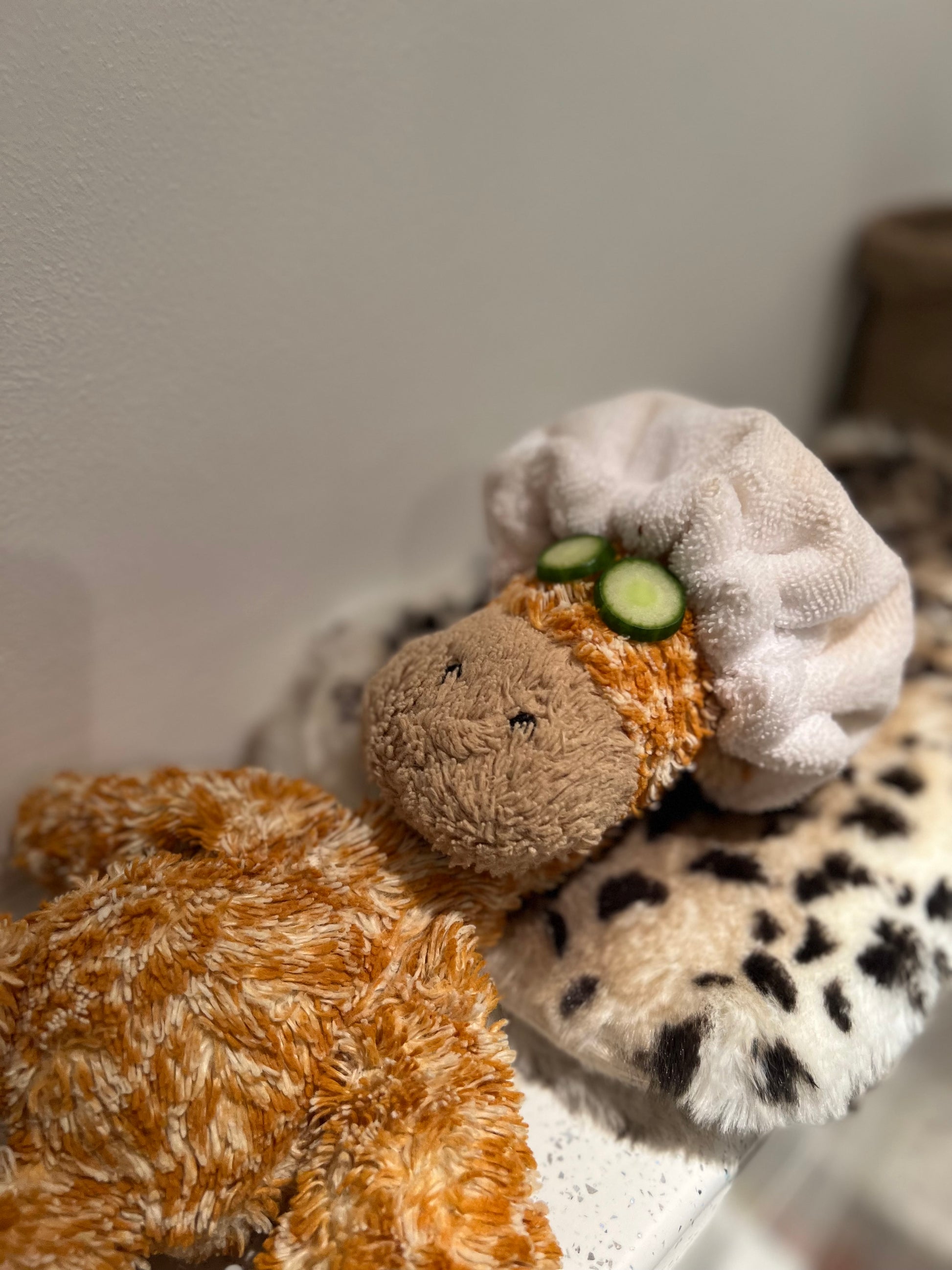 Stuffed animal with a cucumber on its head next to leopard print socks.