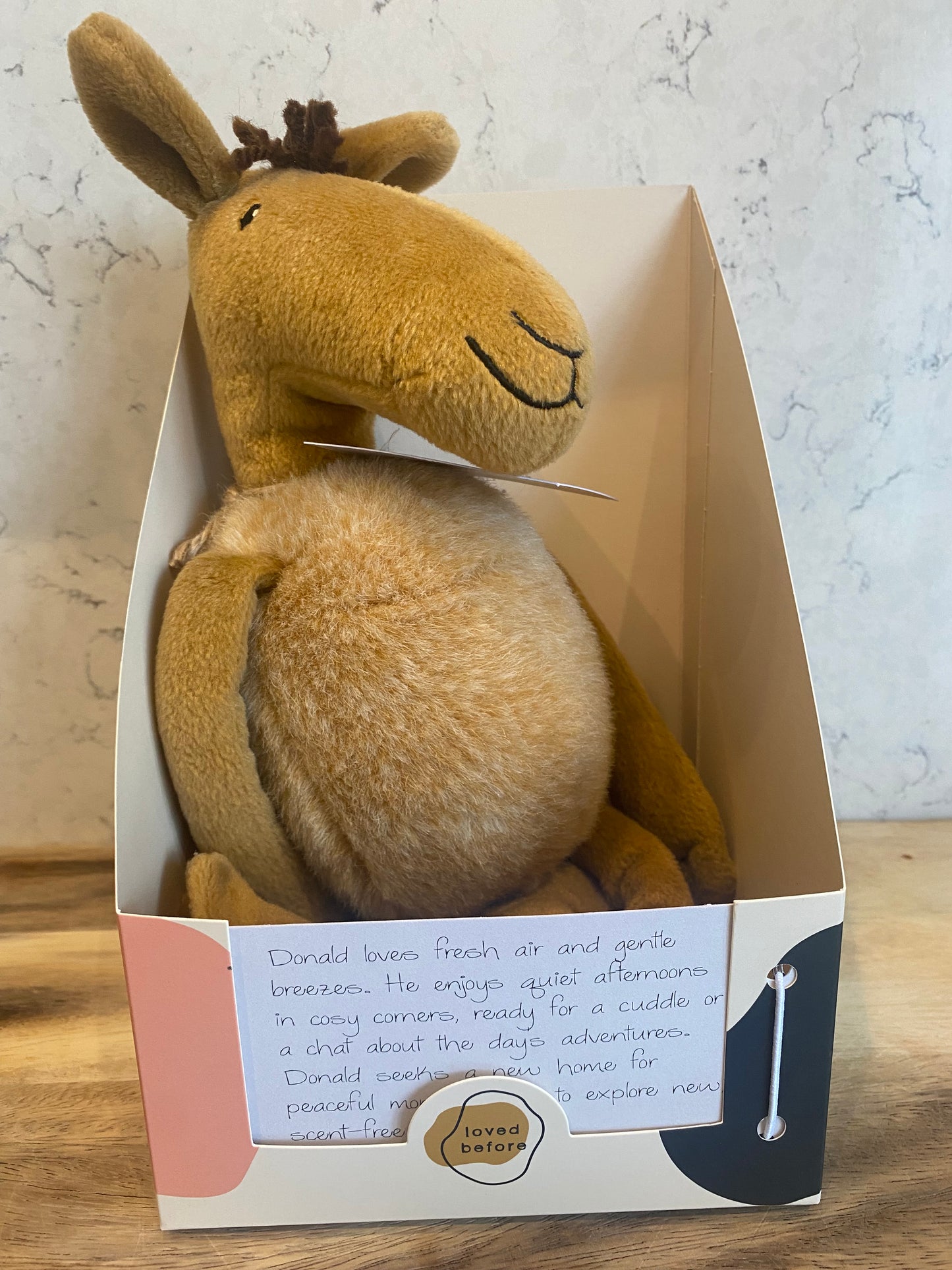 Plush toy in a box with a label on a light surface