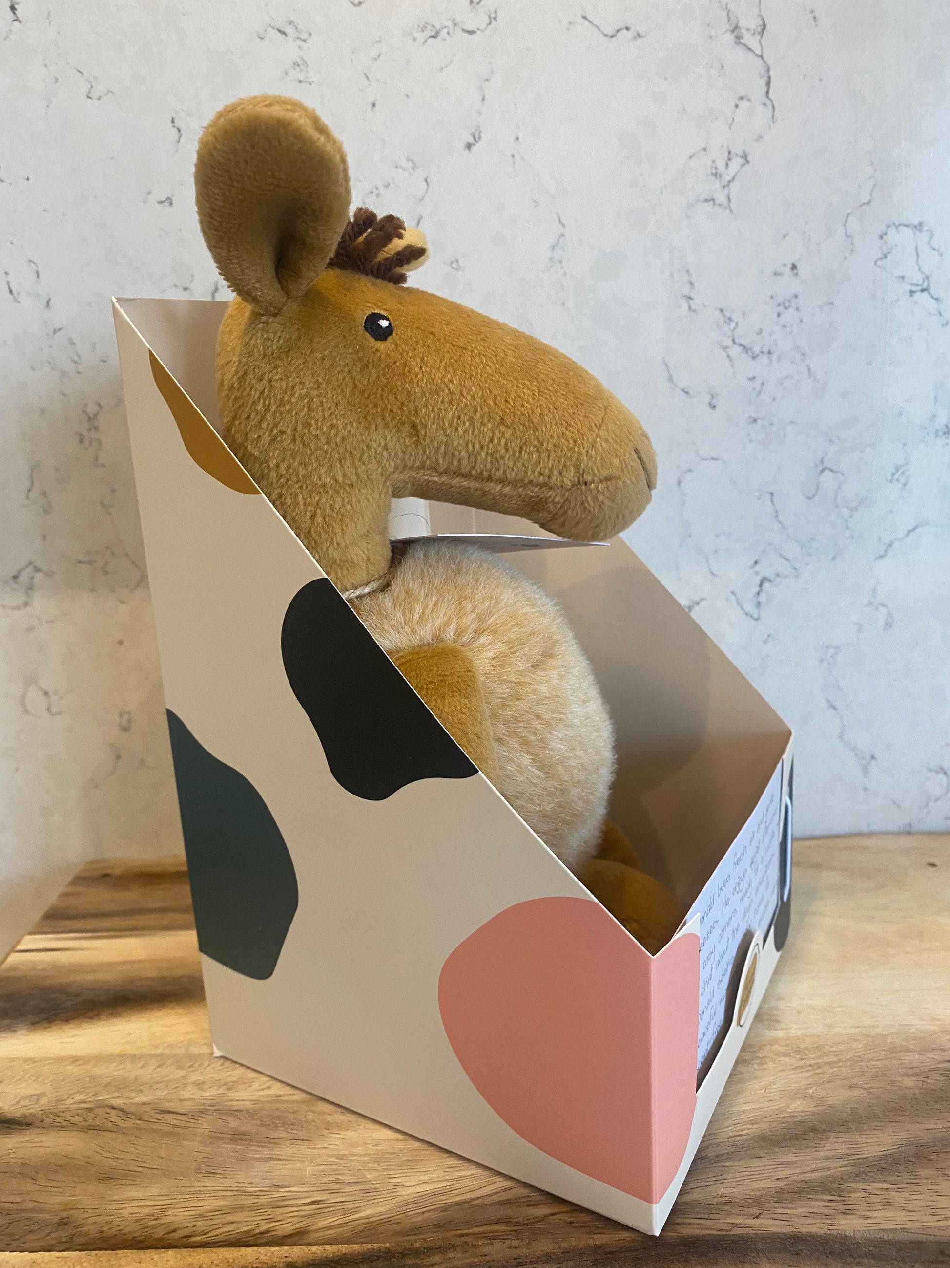 Plush moose toy peeking out from a box with a cow design on a marble surface.