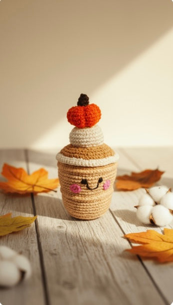 Knitted latte toy sitting inside fallen leaves