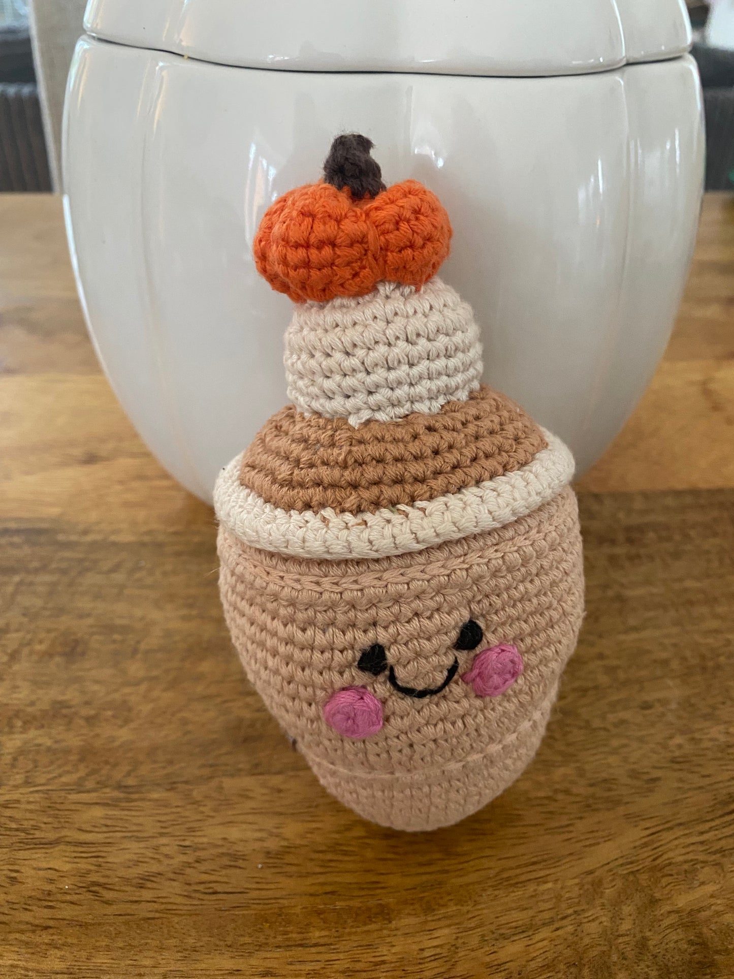 Crochet Baby Toy Friendly pumpkin spice latte rattle