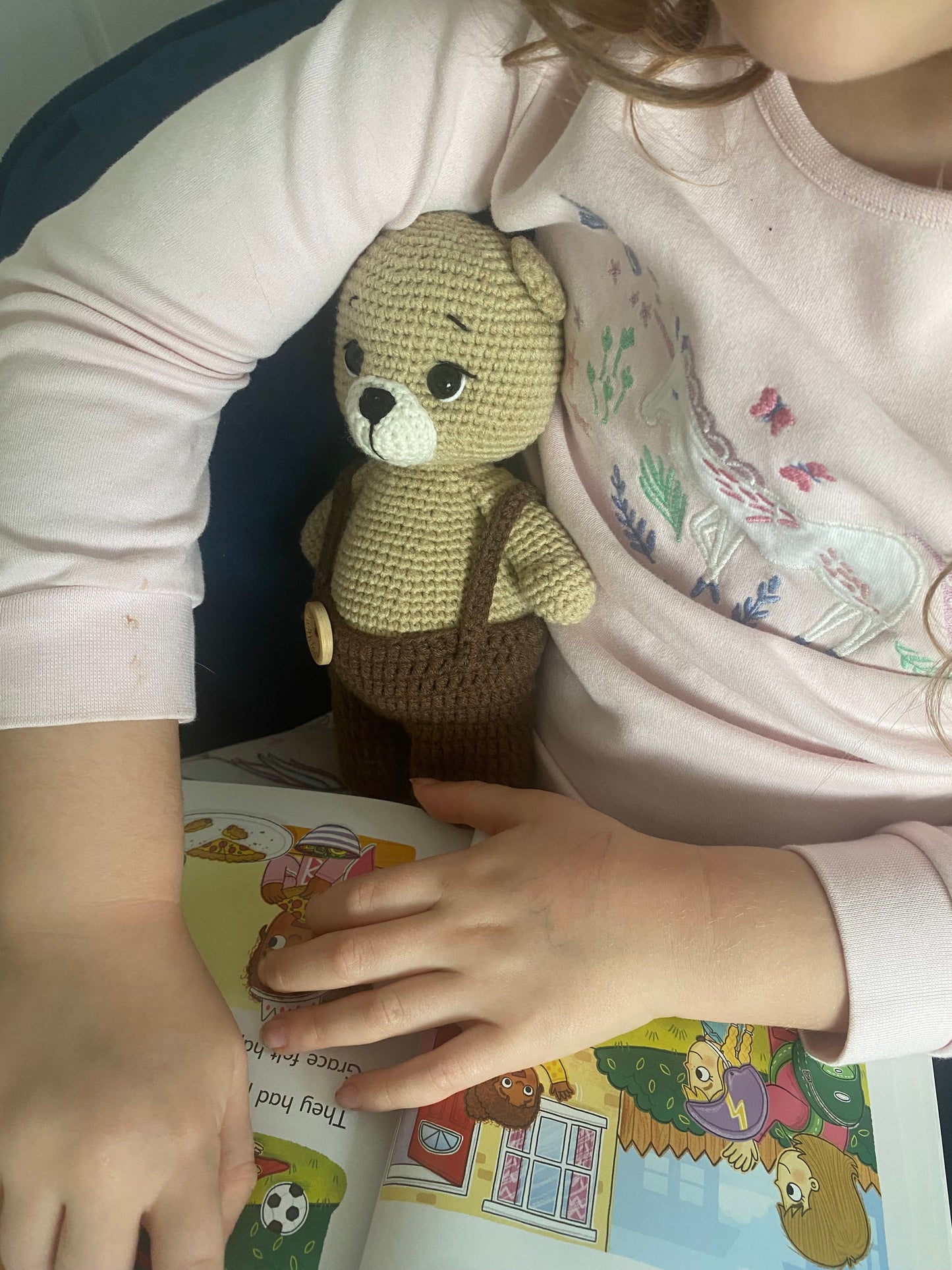 Crochet Teddy Bear – Organic Cotton, Brown Jumpsuit