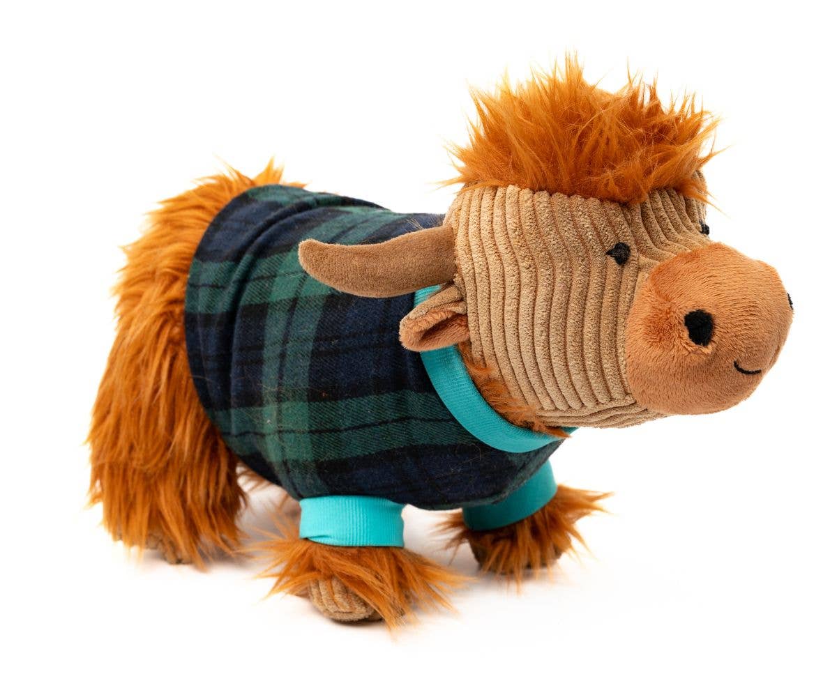 Plush toy resembling a highland cow wearing a plaid shirt on a white background