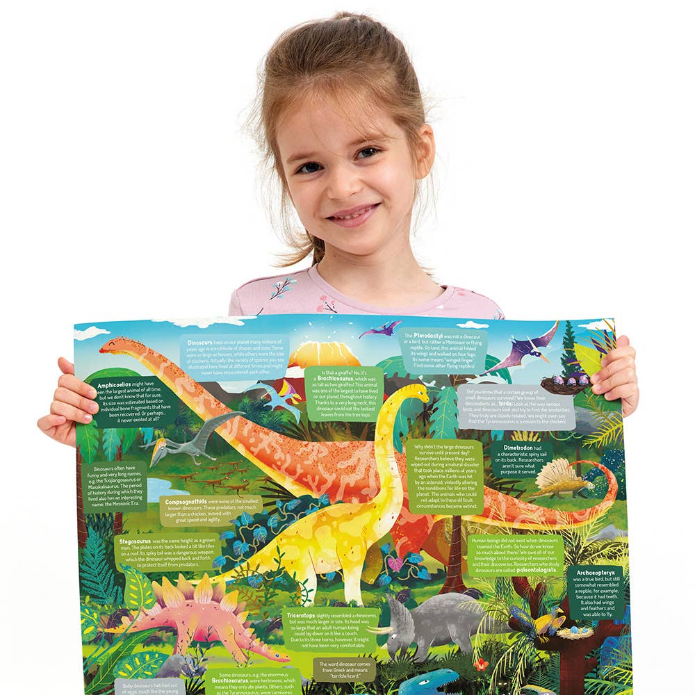 Child holding a colorful dinosaur educational poster