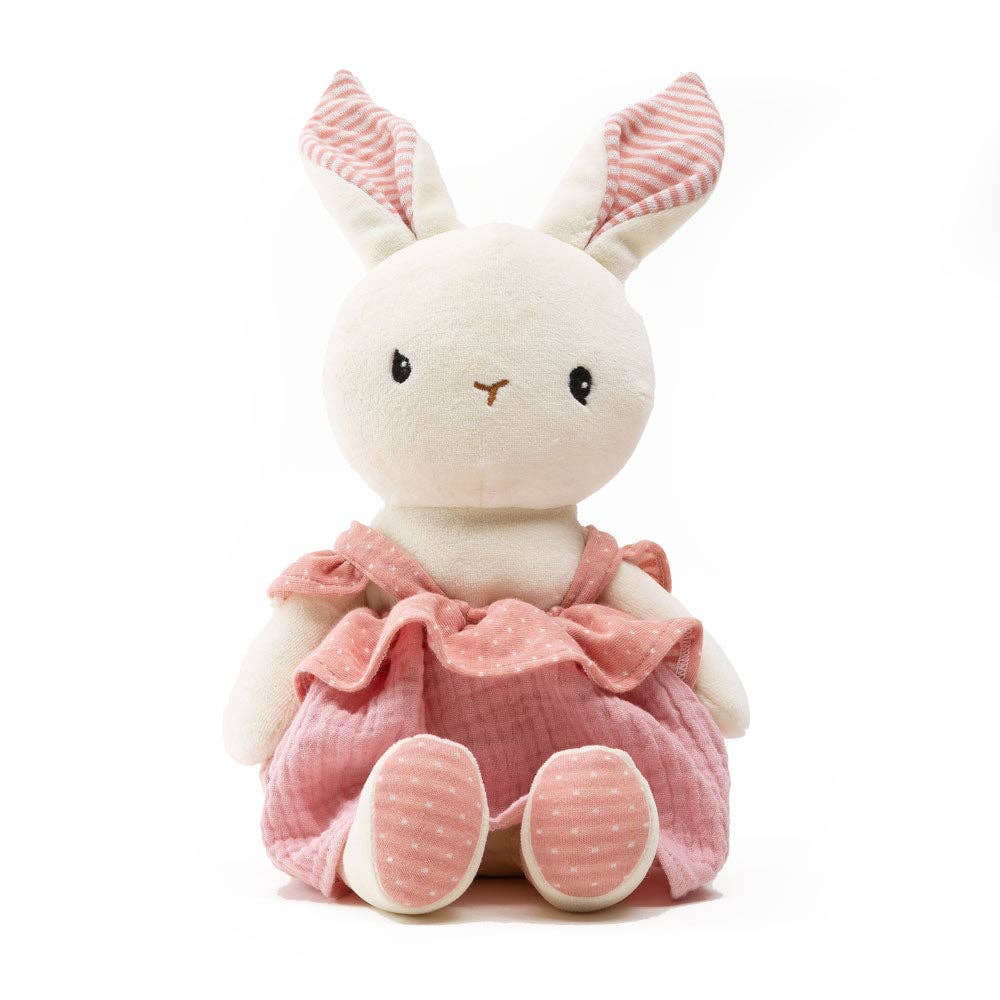 Stuffed rabbit toy with pink outfit on a white background