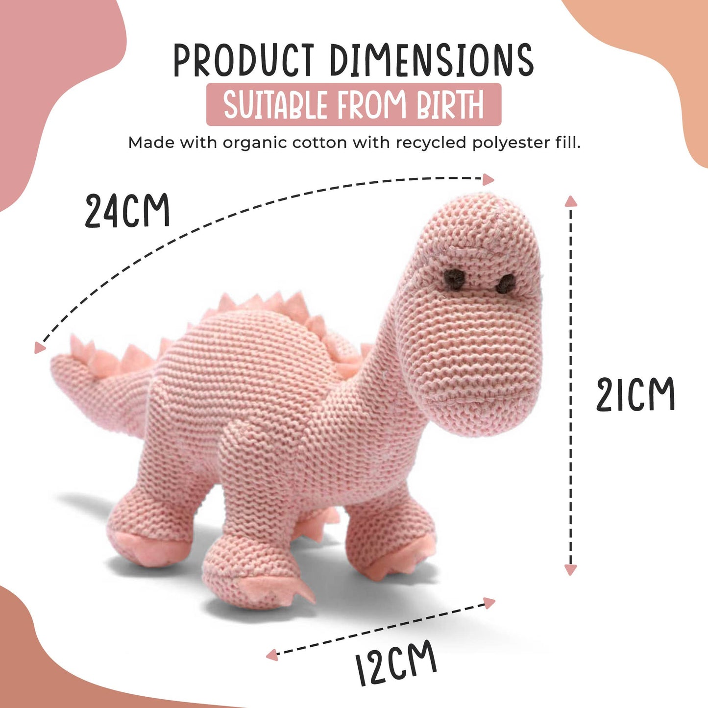 Dinosaur Baby Rattle, Knitted Organic Cotton Pink Diplodocus