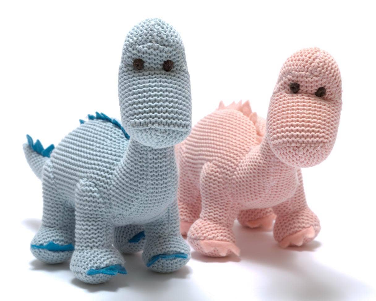 Dinosaur Baby Rattle, Knitted Organic Cotton Pink Diplodocus