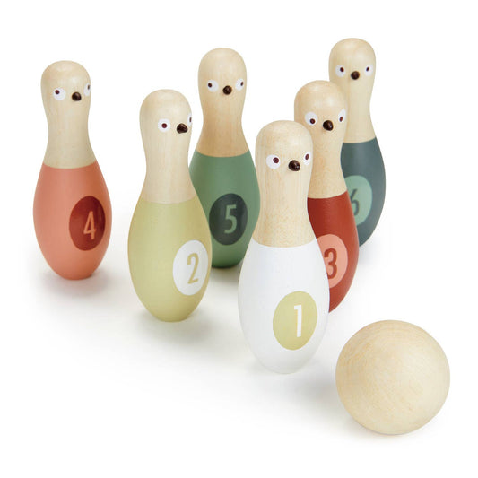 Set of colorful wooden bowling pins with numbers on a white background