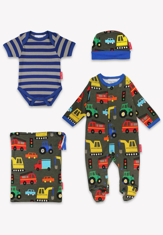 Set of baby clothing including a striped onesie, a hat with vehicle patterns, and a vest with vehicle prints on a white background.