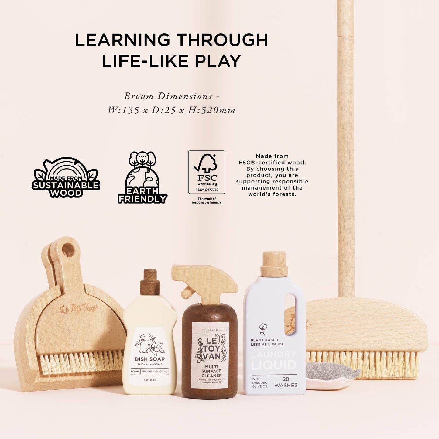 Set of wooden cleaning tools and cleaning products with 'Earth Friendly' and 'Sustainable Wood' labels on a light background.