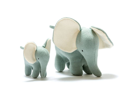 Two plush elephant toys, one larger and one smaller, on a white background.