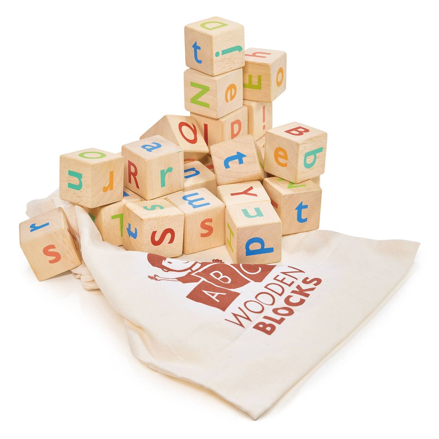 Wooden blocks with letters and numbers on a white background