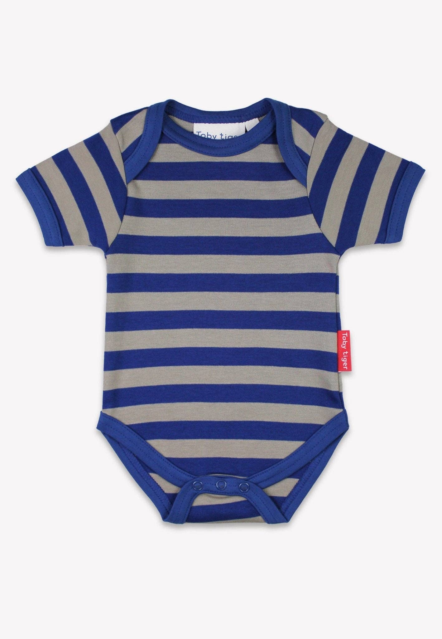 Blue and gray striped baby onesie on a white background