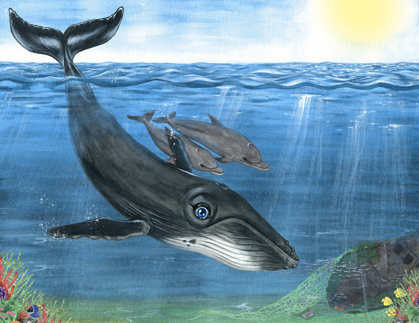 Whale and dolphins swimming underwater with a sunlit sky above