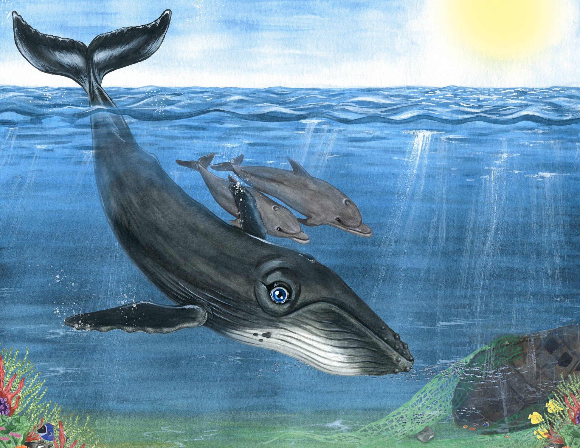 Whale and dolphins swimming underwater with a sunlit sky above