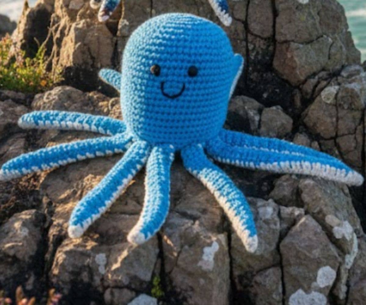 Blue crochet octopus toy on rocky terrain