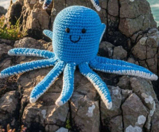 Blue crochet octopus toy on rocky terrain