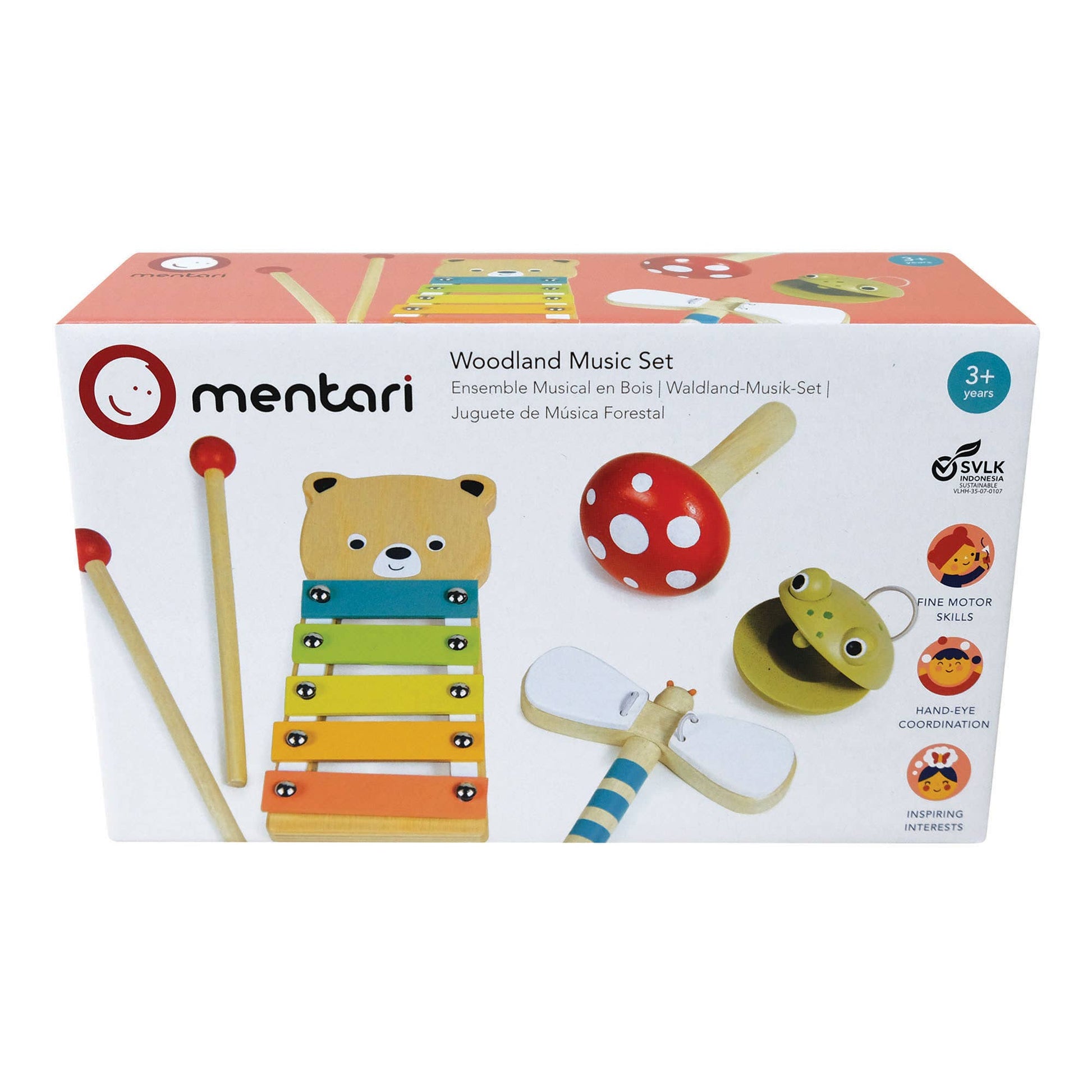 Box of mentari Woodland Music Set with colorful musical instruments on a white background