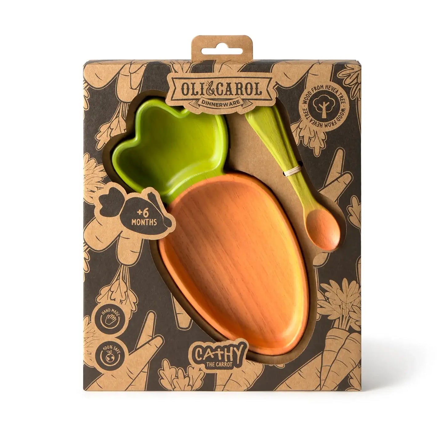 Packaged children's dinnerware set with green bowl and orange plate, featuring Oli & Carol branding.