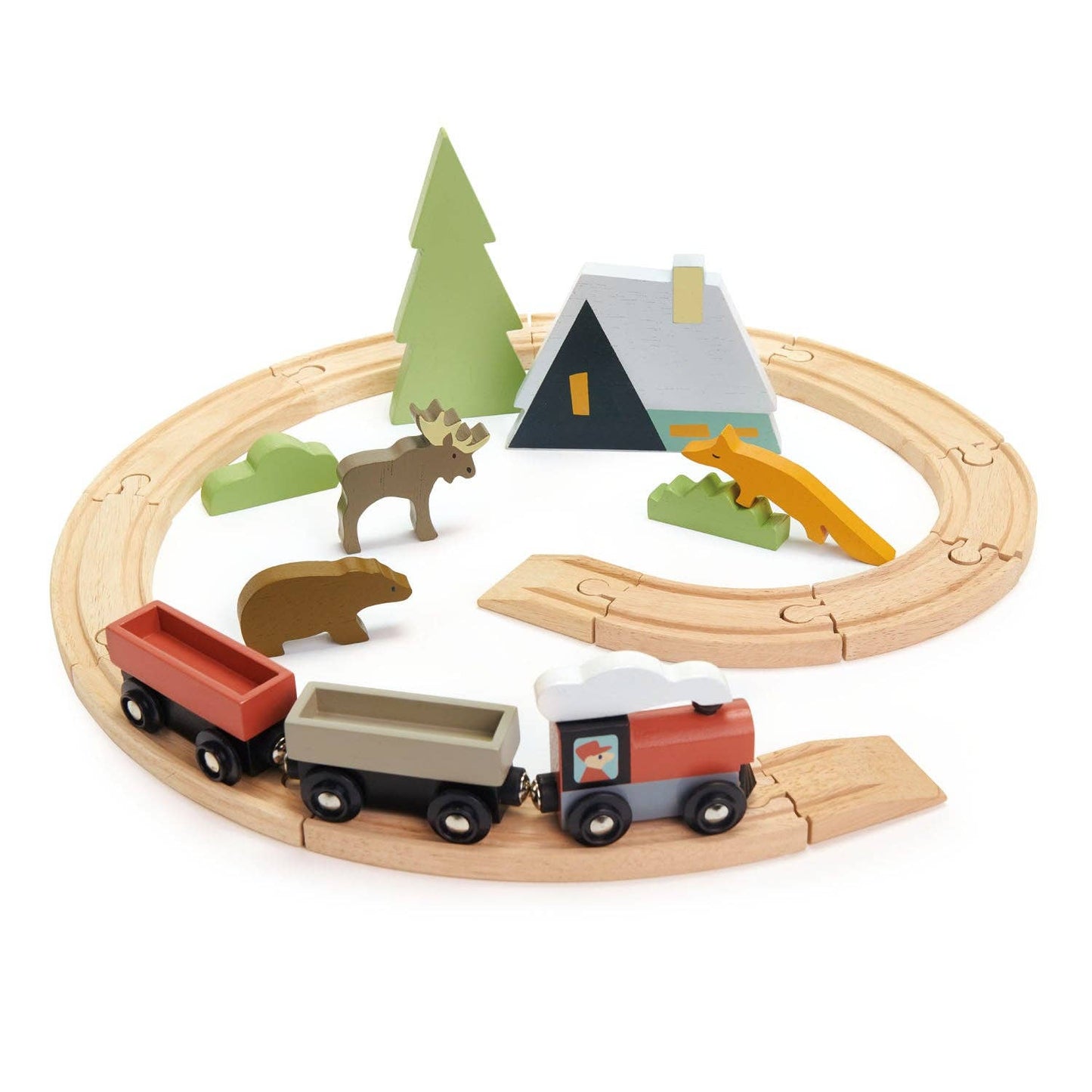Wooden train set with tracks, cars, and animal figures on a white background