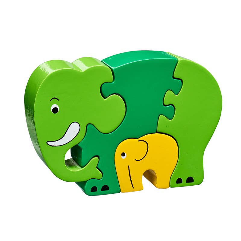 Green and yellow elephant-shaped puzzle toy on a white background