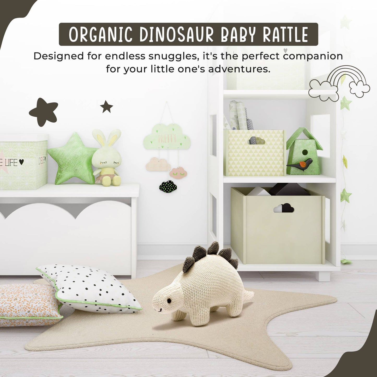 Organic White Cotton Knit Stegosaurus Dinosaur Rattle