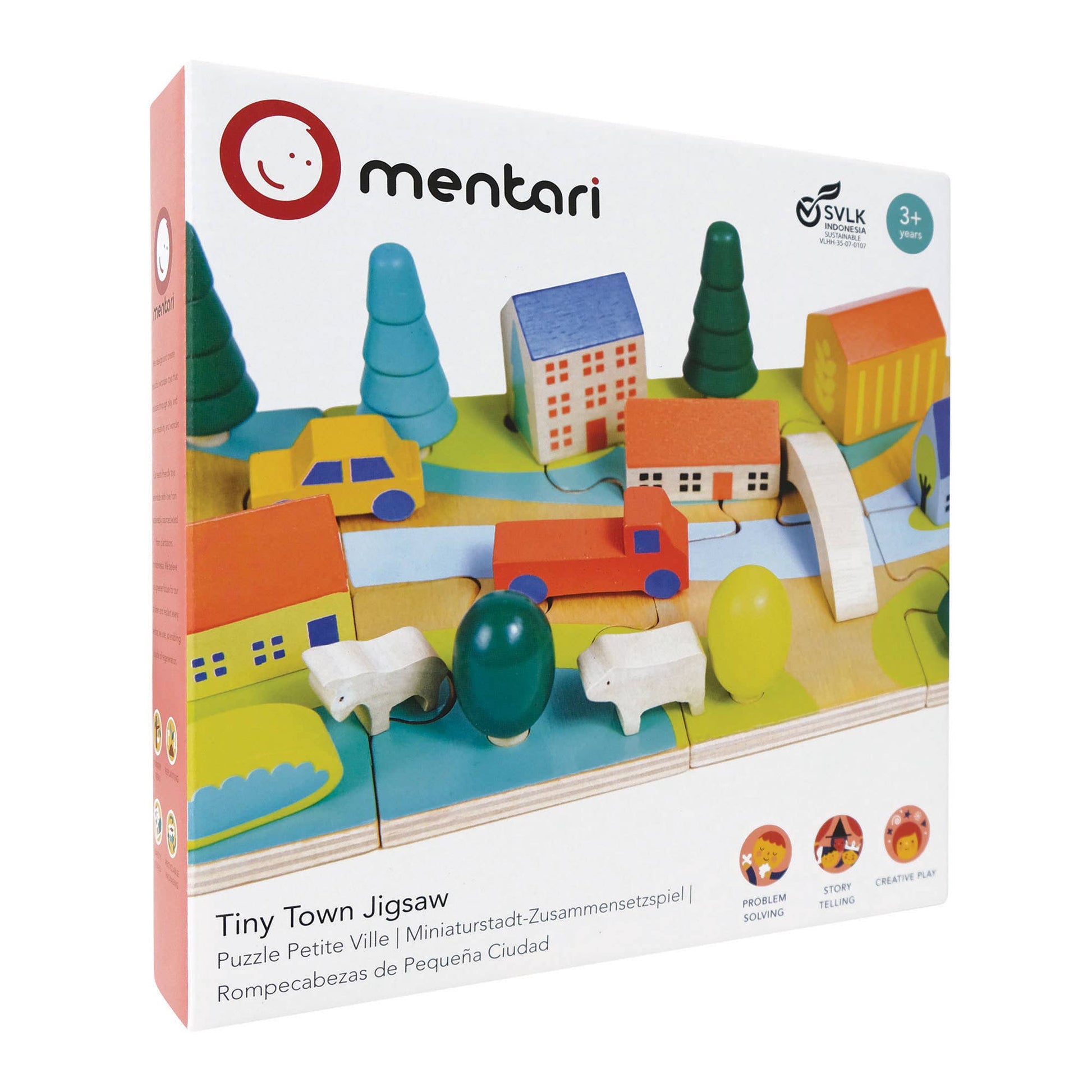 Mentari Tiny Town Jigsaw packaging with colorful toy town scene on a white background