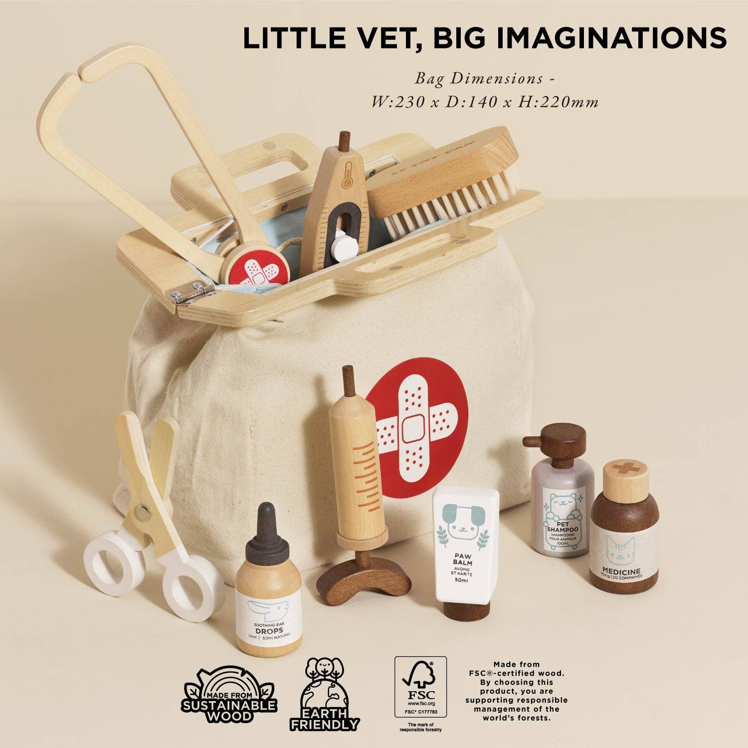 Children's toy medical set with wooden stroller, bottles, and tools on a beige background with text 'Little Vet, Big Imaginations'.
