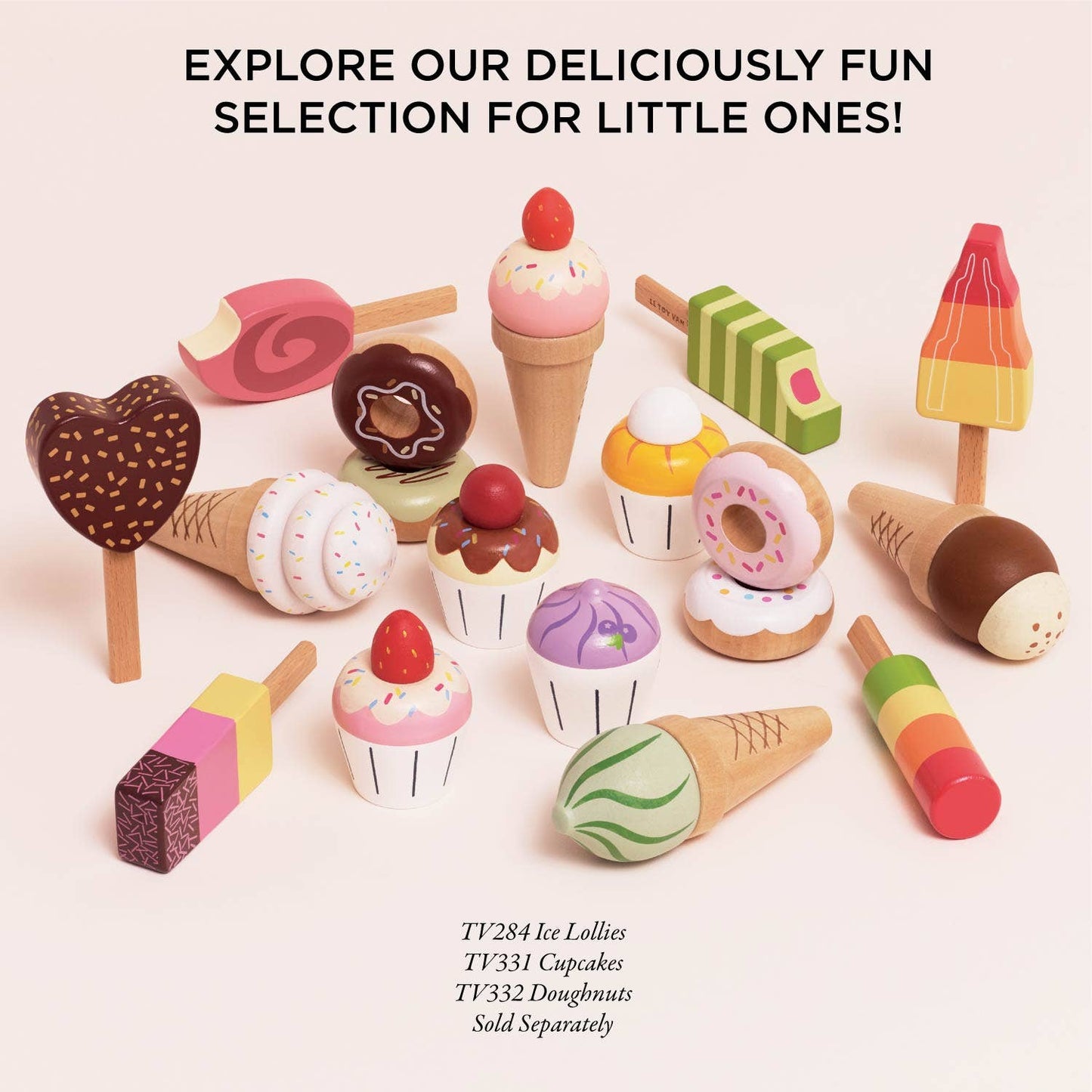 Colorful toy ice cream set with text promoting a selection for little ones on a light pink background.