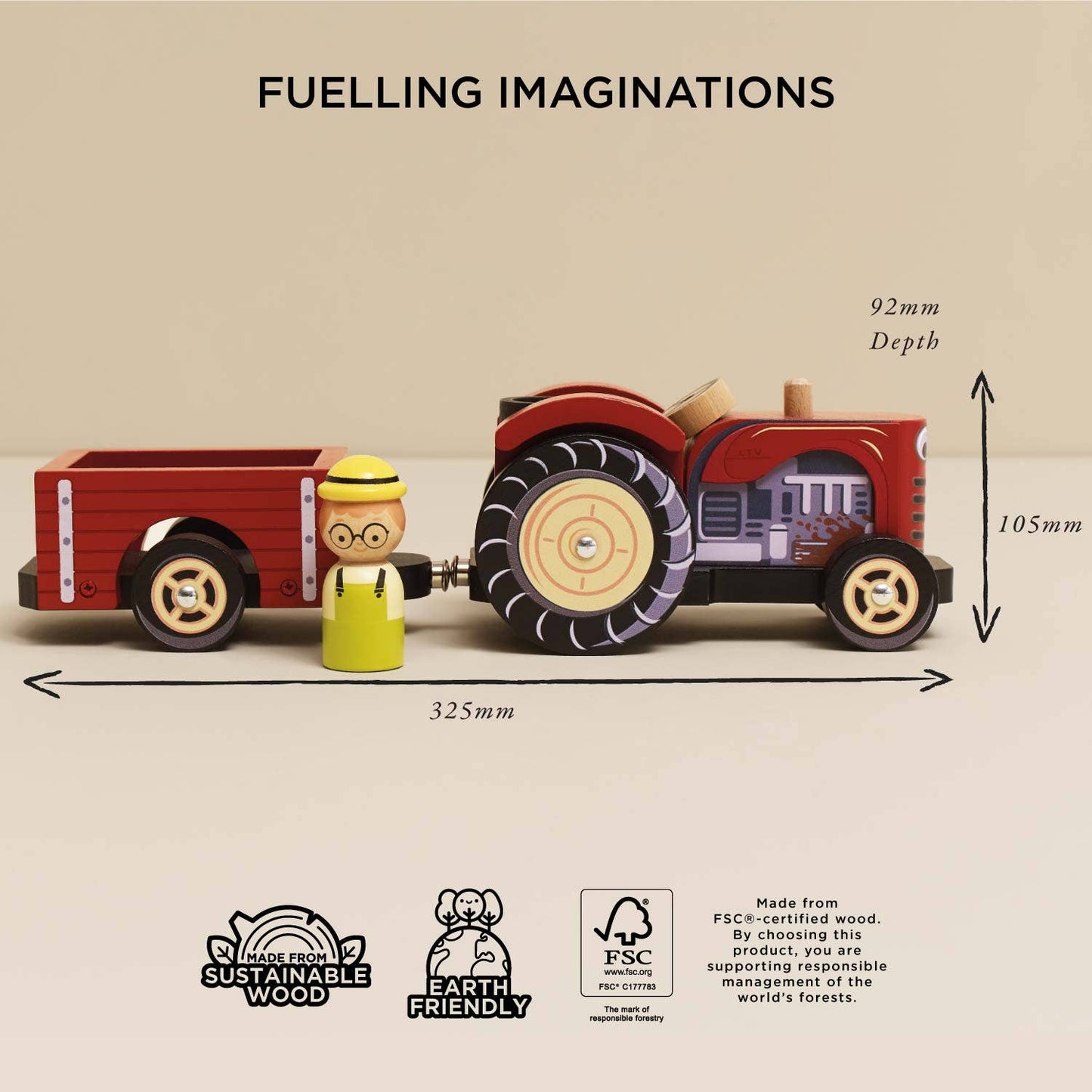 Wooden toy tractor and driver with measurements and sustainability labels on a beige background